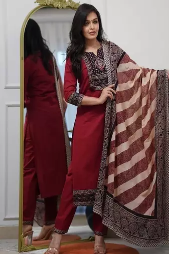 Floral embroidered round neck  cotton kurta trosuer & dupatta set