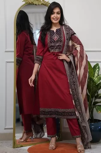 Floral embroidered round neck  cotton kurta trosuer & dupatta set
