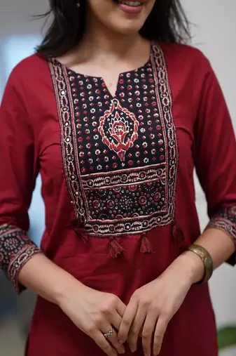 Floral embroidered round neck  cotton kurta trosuer & dupatta set