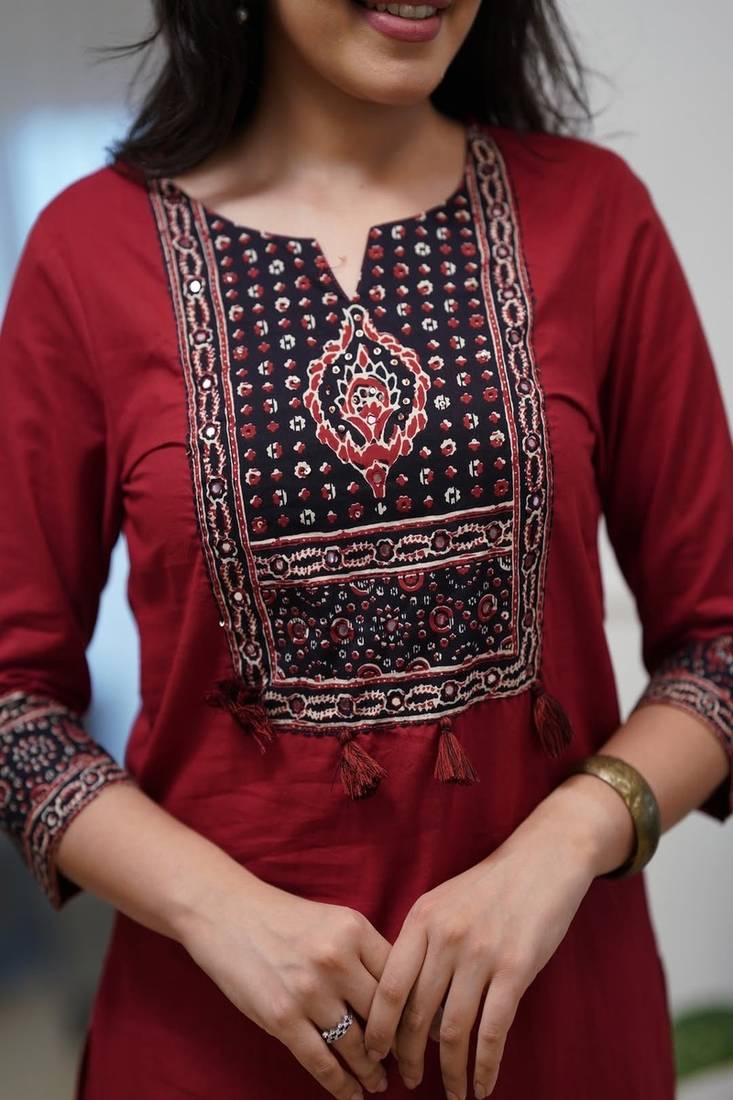 Floral embroidered round neck pure cotton kurta trosuer & dupatta set