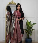 Floral embroidered round neck pure cotton kurta trosuer & dupatta set