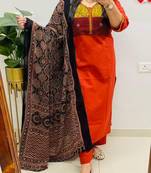 Floral embroidered v neck pure cotton kurta trosuer & dupatta set