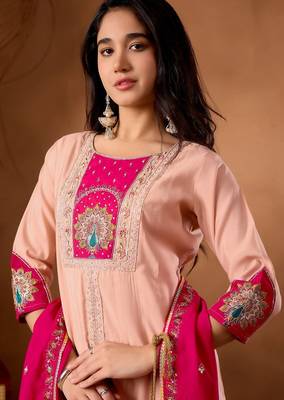 Pink Color Muli Embroidery Thread With Hand Work Roman Silk Kurta Plazza Set 2
