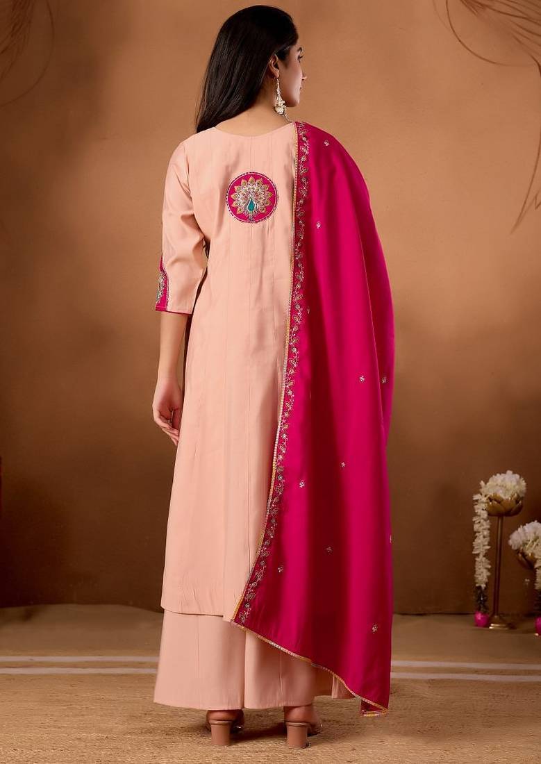 Pink Color Muli Embroidery Thread With Hand Work Roman Silk Kurta Plazza Set