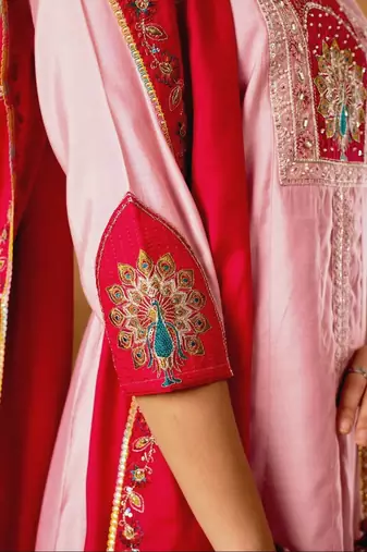 Pink Color Muli Embroidery Thread With Hand Work Roman Silk Kurta Plazza Set