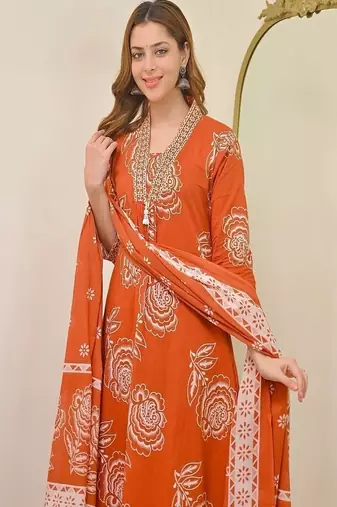 Floral printed v neck  cotton kurta trosuer & dupatta set