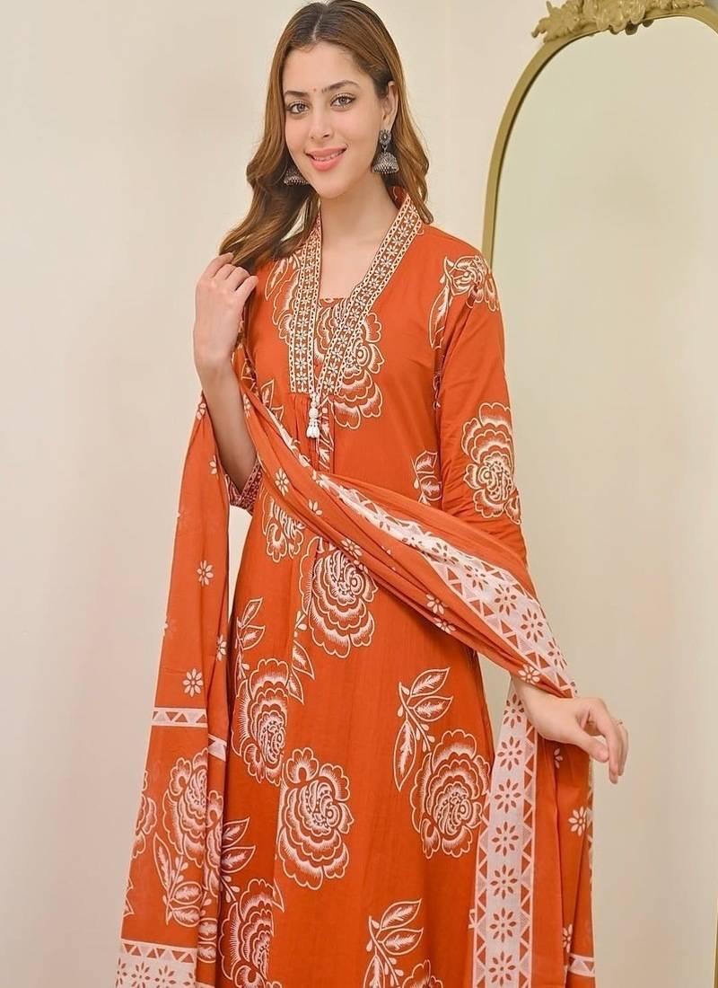 Floral printed v neck pure cotton kurta trosuer & dupatta set