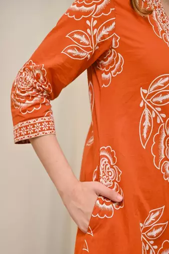 Floral printed v neck  cotton kurta trosuer & dupatta set