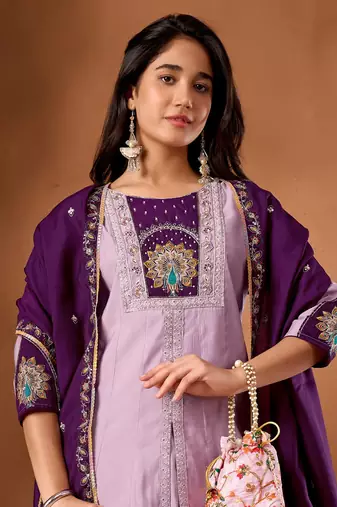Lavender Color Multi Embroidery Thread With Hand Work Roman Silk Kurta Plazza Set