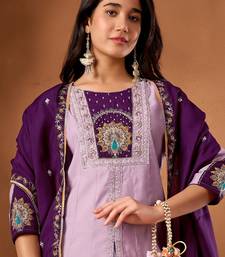 Lavender Color Multi Embroidery Thread With Hand Work Roman Silk Kurta Plazza Set