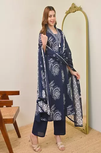 Floral printed v neck pure cotton kurta trosuer & dupatta set
