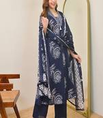 Floral printed v neck pure cotton kurta trosuer & dupatta set