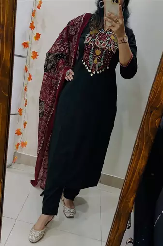 Floral embroidered round neck  cotton kurta trosuer & dupatta set