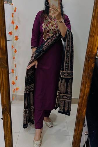 Floral embroidered round neck pure cotton kurta trosuer & dupatta set