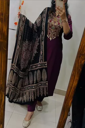Floral embroidered round neck  cotton kurta trosuer & dupatta set