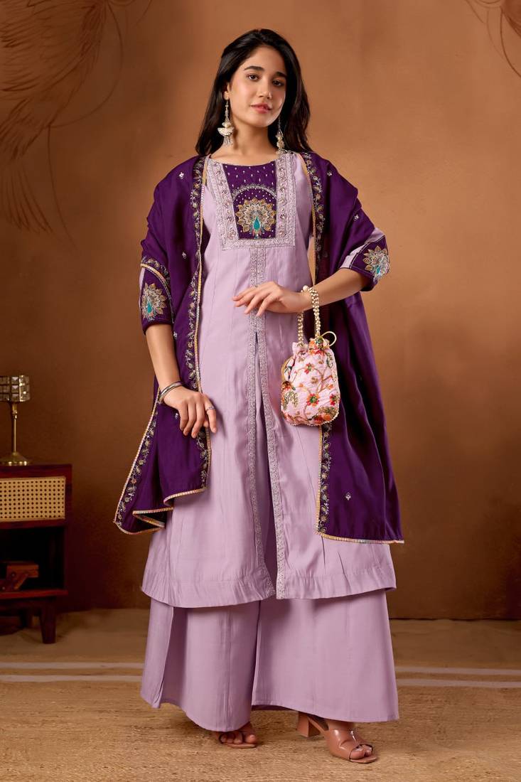 Lavender Color Multi Embroidery Thread With Hand Work Roman Silk Kurta Plazza Set