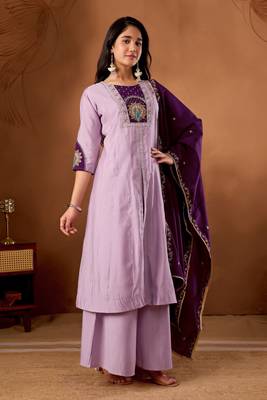 Lavender Color Multi Embroidery Thread With Hand Work Roman Silk Kurta Plazza Set 1