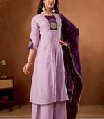 Lavender Color Multi Embroidery Thread With Hand Work Roman Silk Kurta Plazza Set