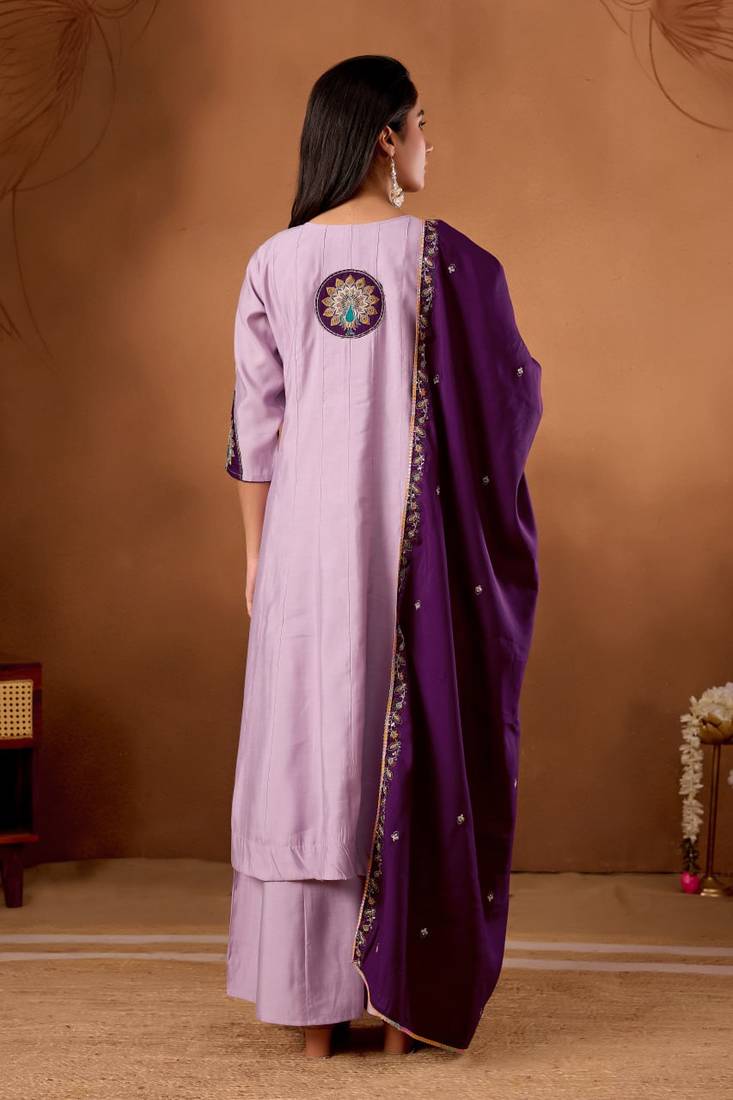Lavender Color Multi Embroidery Thread With Hand Work Roman Silk Kurta Plazza Set