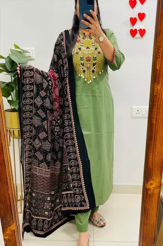 Floral embroidered round neck  cotton kurta trosuer & dupatta set