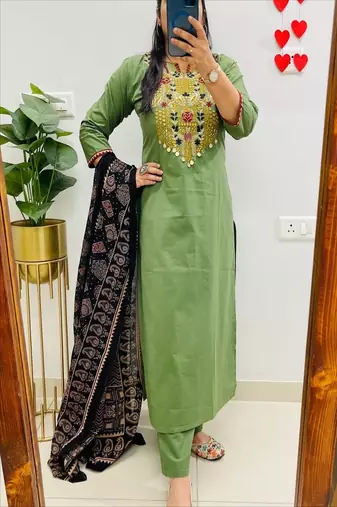 Floral embroidered round neck  cotton kurta trosuer & dupatta set