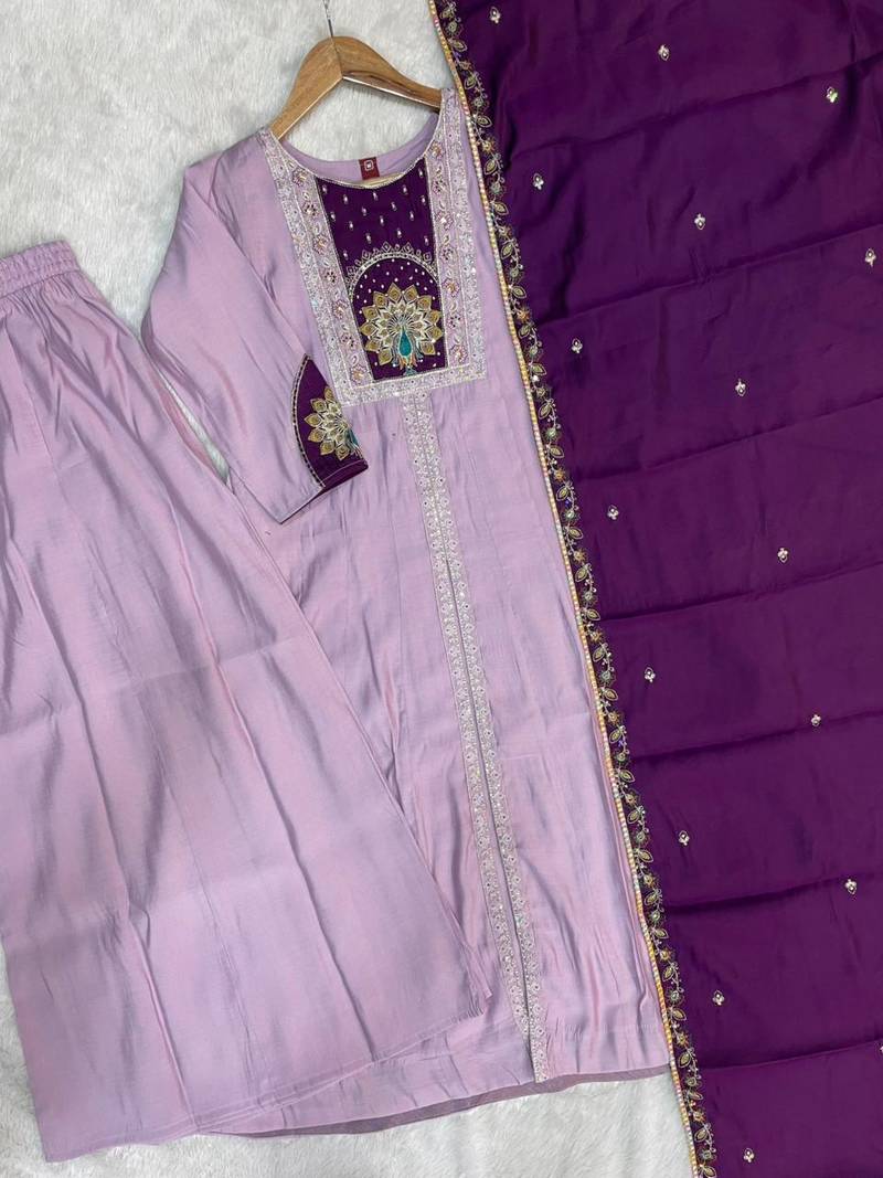 Lavender Color Multi Embroidery Thread With Hand Work Roman Silk Kurta Plazza Set