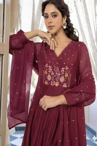 Floral embroidered v neck  cotton kurta trosuer & dupatta set