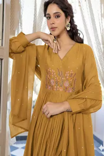 Floral embroidered v neck  cotton kurta trosuer & dupatta set