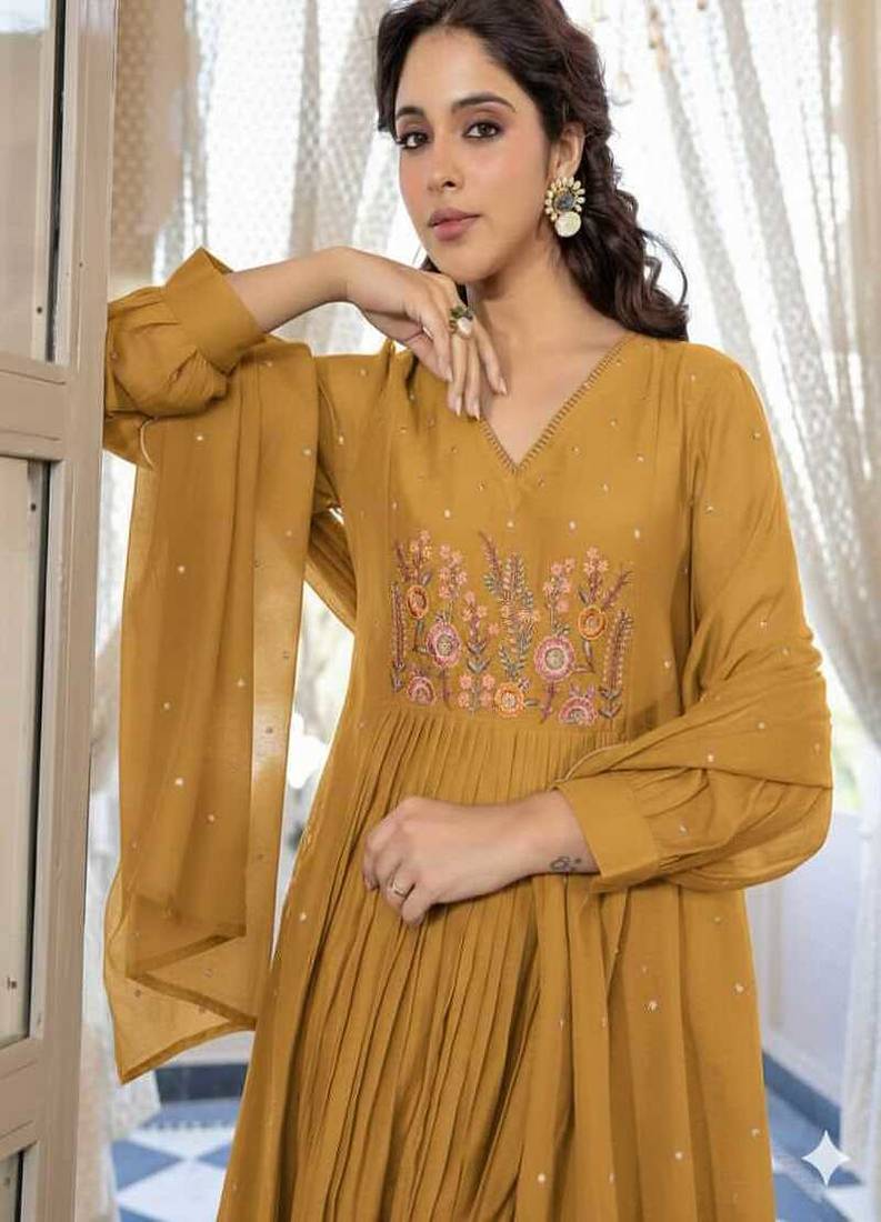 Floral embroidered v neck pure cotton kurta trosuer & dupatta set