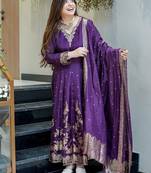 Floral embroidered v neck silk kurta trosuer & dupatta set