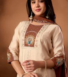 Cream Color Multi Embroidery Thread With Hand Work Roman Silk Kurta Plazza Set