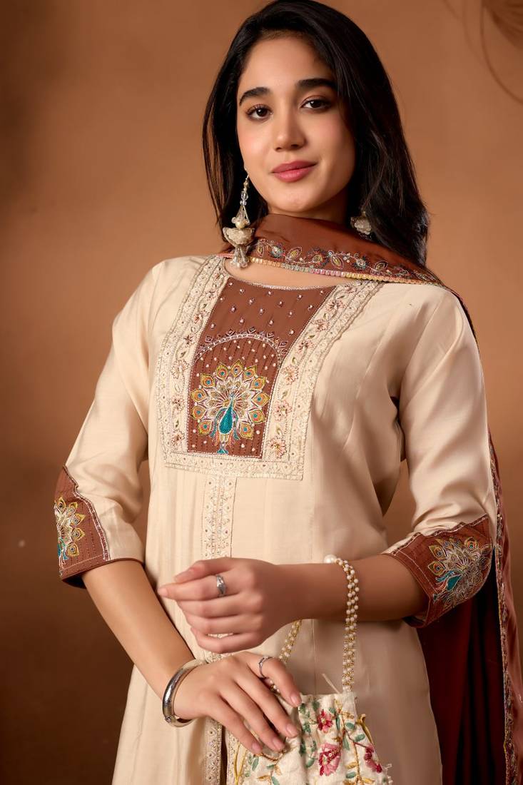 Cream Color Multi Embroidery Thread With Hand Work Roman Silk Kurta Plazza Set