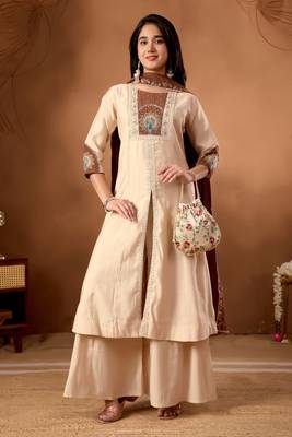 Cream Color Multi Embroidery Thread With Hand Work Roman Silk Kurta Plazza Set 1
