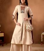 Cream Color Multi Embroidery Thread With Hand Work Roman Silk Kurta Plazza Set
