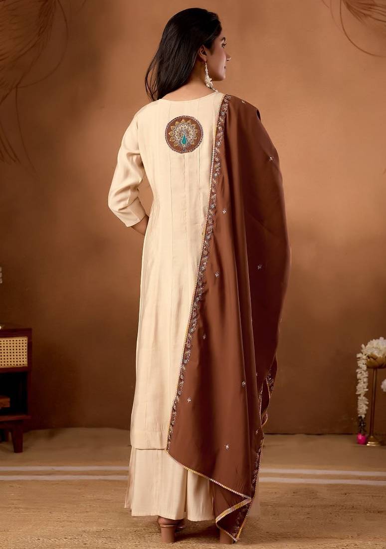 Cream Color Multi Embroidery Thread With Hand Work Roman Silk Kurta Plazza Set