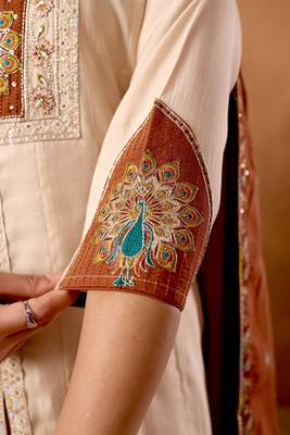Cream Color Multi Embroidery Thread With Hand Work Roman Silk Kurta Plazza Set 5