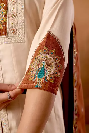 Cream Color Multi Embroidery Thread With Hand Work Roman Silk Kurta Plazza Set
