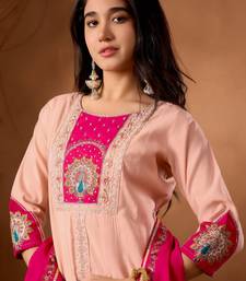 Peach Color Multi Embroidery Thread With Hand Work Roman Silk Kurta Plazza Set