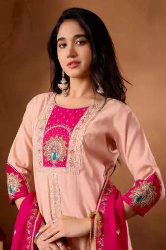 Peach Color Multi Embroidery Thread With Hand Work Roman Silk Kurta Plazza Set