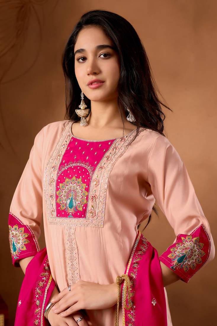 Peach Color Multi Embroidery Thread With Hand Work Roman Silk Kurta Plazza Set