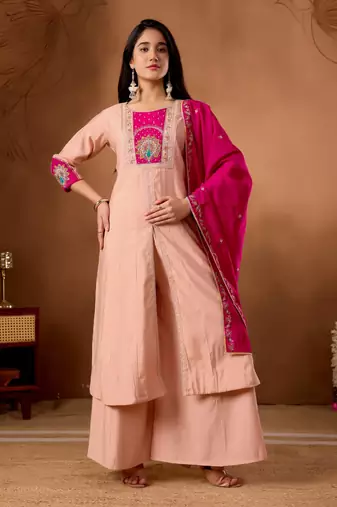 Peach Color Multi Embroidery Thread With Hand Work Roman Silk Kurta Plazza Set