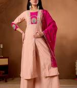 Peach Color Multi Embroidery Thread With Hand Work Roman Silk Kurta Plazza Set