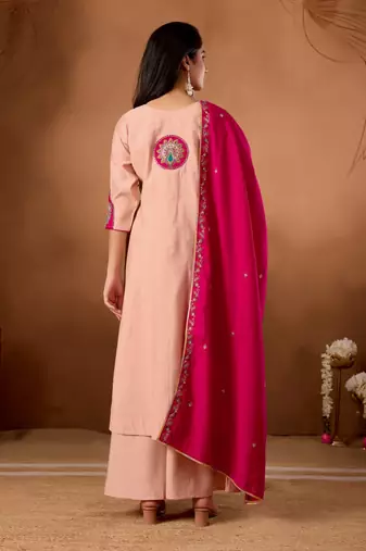 Peach Color Multi Embroidery Thread With Hand Work Roman Silk Kurta Plazza Set