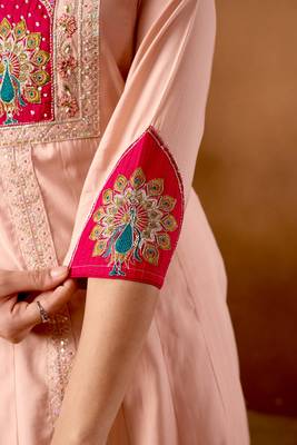 Peach Color Multi Embroidery Thread With Hand Work Roman Silk Kurta Plazza Set 5