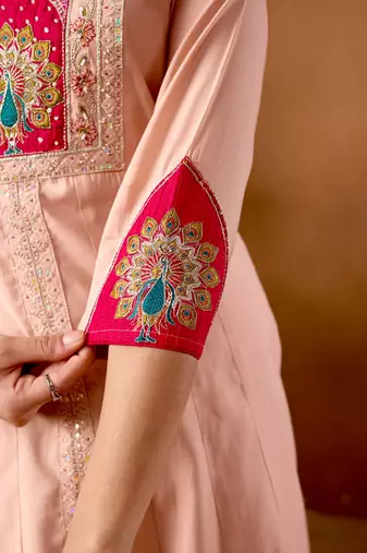 Peach Color Multi Embroidery Thread With Hand Work Roman Silk Kurta Plazza Set