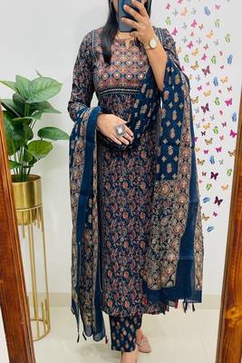 Floral embroidered round neck  cotton kurta trosuer & dupatta set 1