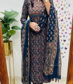 Floral embroidered round neck pure cotton kurta trosuer & dupatta set