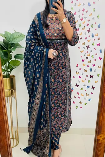 Floral embroidered round neck  cotton kurta trosuer & dupatta set
