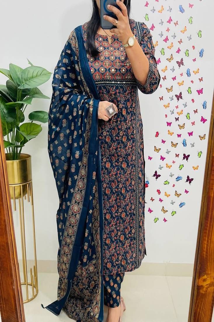 Floral embroidered round neck pure cotton kurta trosuer & dupatta set