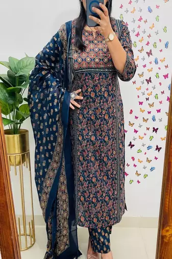 Floral embroidered round neck  cotton kurta trosuer & dupatta set